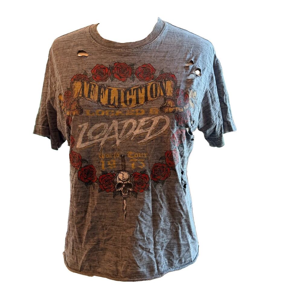 Affliction Locked & Loaded Women’s S Distressed T Shirt Skull Roses Y2K Biker